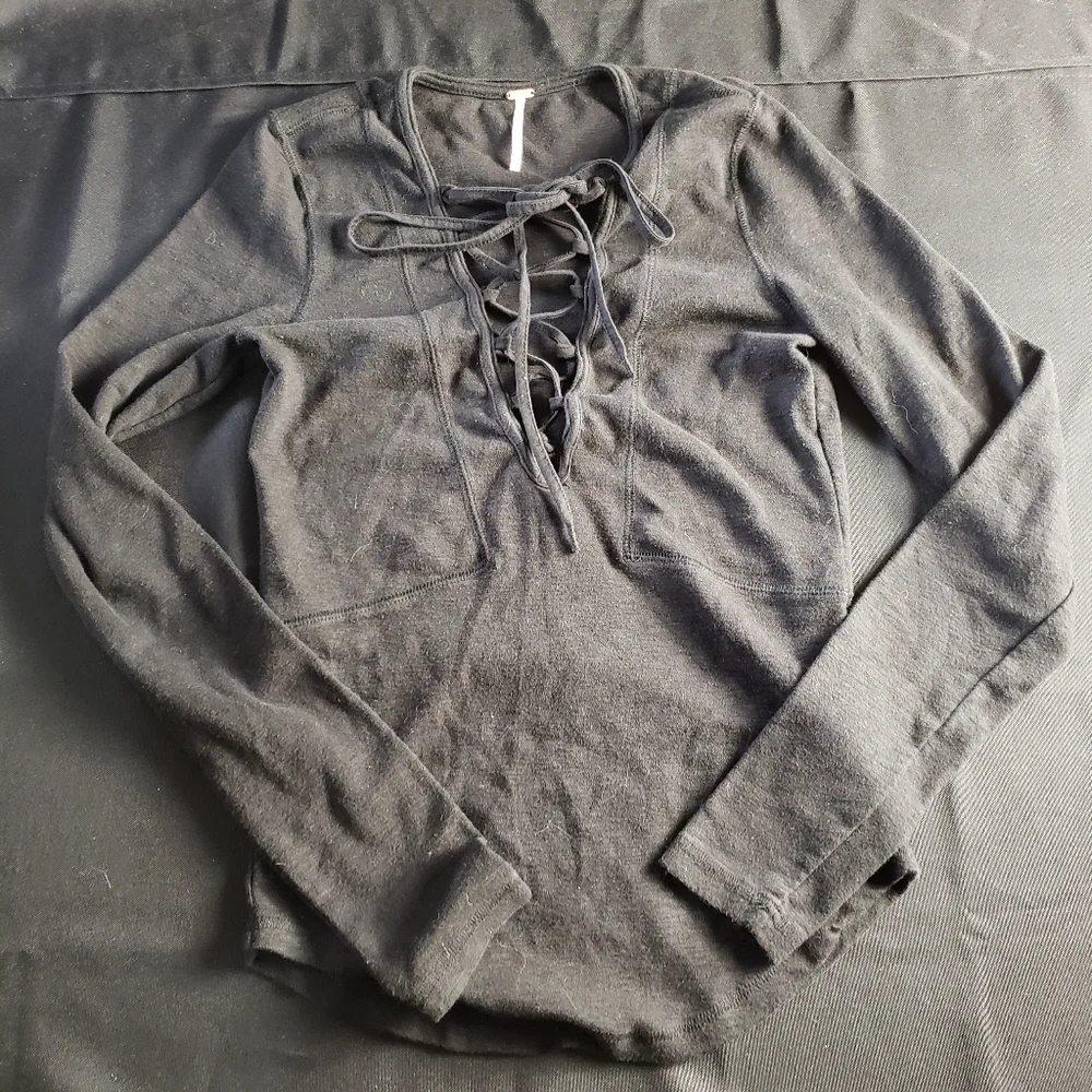 Free People Seamless Lace‎ Up Layering Long Sleeve Top Black Small